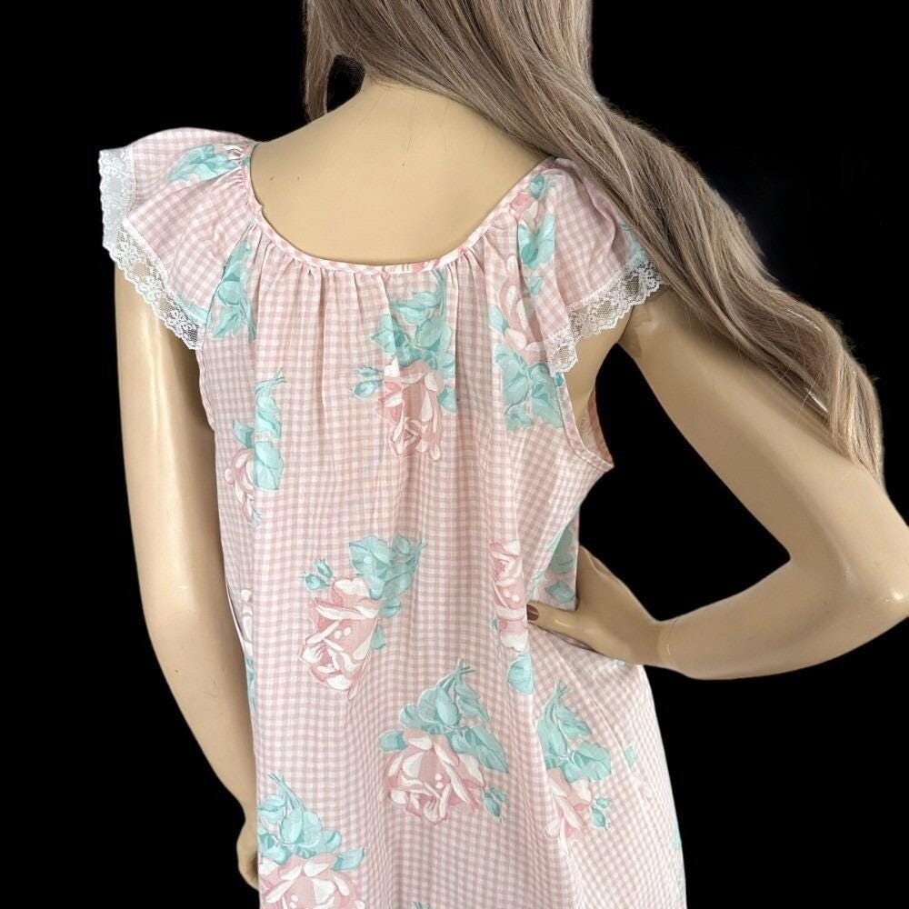 80s Pink Gingham Nightie L Rose Print Dollette Cottagecore Coquette Nightie Gaze - Picture 7 of 8